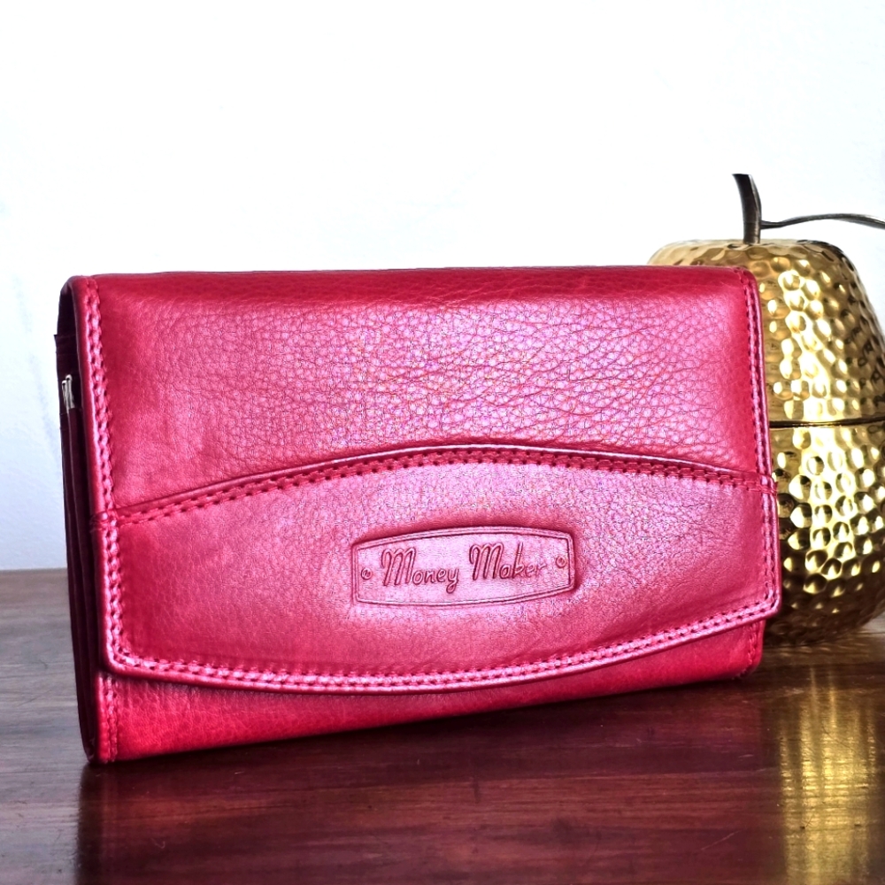 Money Maker Leather Women's Clip Red Purse RFID 5 Cards, Classic Wallet